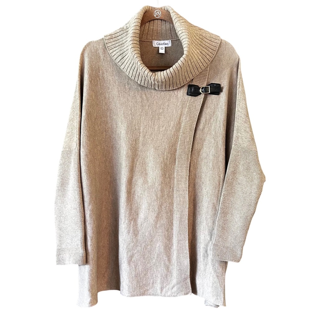 Calvin Klein Womens Buckle Cowl Neck Poncho Cardigan Sweater Tan Shacket S/M